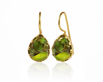 Groene koperen turquoise edelsteen oorbellen, handgemaakte vergulde Mojave paren, bengelen drop haak oorbellen sieraden, Mohave oorbel voor meisje 1865