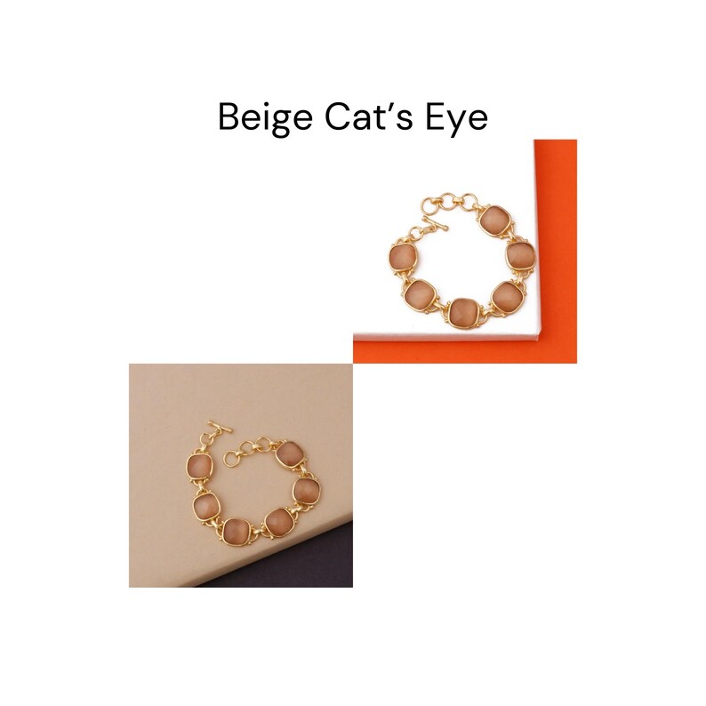 Op de afbeelding: Een gouden armband met beige kattenoogstenen. De armband heeft een sluiting.