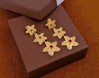 Seyra Bloom Gold Plated Drop Earrings | Triple Floral Dangle