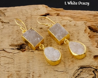Beautiful Double Agate Druzy Gemstone Earrings, Gold Plated Dangle Drop Hook Earrings Pair, Real Sugar Crystal Druzy Earrings Gift, EJ-2832