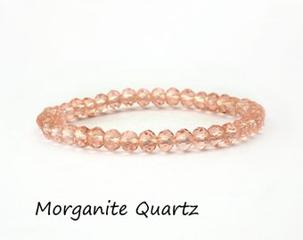 Faceted Rondelle Beaded Coated Pink Morganite Gemstone Bracelets, Handmade Stretchy Stacking Bracelet Unisex Friendship Gift , EJ-2097