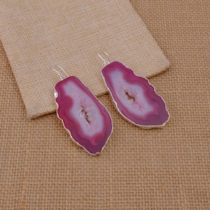 Natural Pink Agate Slice Earrings, Pink Drop & Dangle Earrings, Silver Plated Jewelry, Anniversary Gift, Earrings For Her 3580