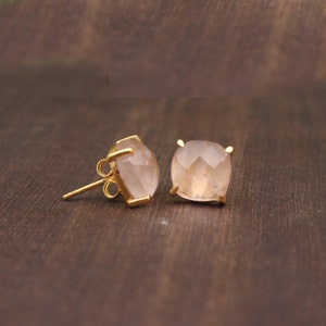 Stud Earring, Rose Quartz Gemstone Prong Set Stud Earrings, Gold Plated Handmade Quartz Stud Earring Statement Jewelry, Gift For Her EJ-2130