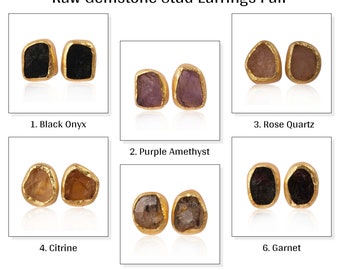 Genuine Raw Gemstone Earrings, Amethyst, Garnet, Citrine, Black Onyx Earrings, Handmade Gold Plated Stud Style Rough Earrings Gift, EJ-2486