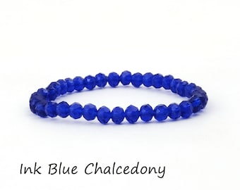 Crystal Ink Blue Chalcedony Gemstone Stretchy Stacking Bracelet, Elastic Adjustable Round Cut Beaded Healing Bracelet Jewelry Gift , EJ-2097