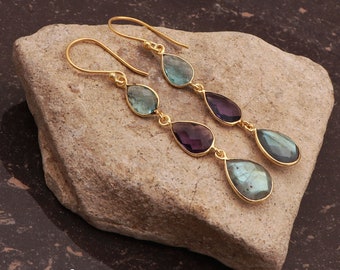 Labradorite, Chalcedony Gemstone, Gold Plated Hook Earring, Multi Gemstone Dangle Hook Earrings Jewelry, Statement Earring Pair EJ-1759