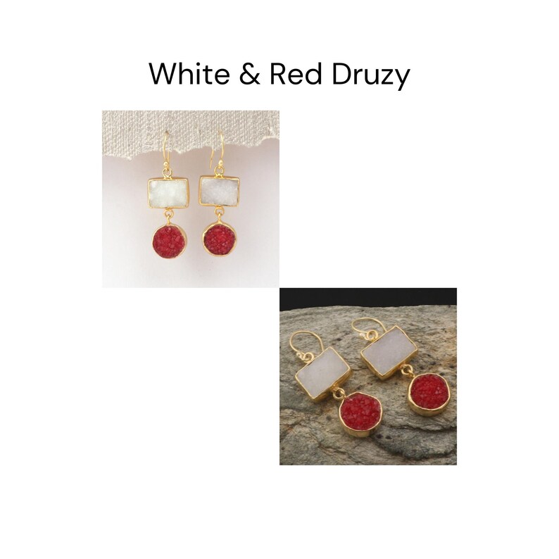 May include: Gold-coloured earrings featuring white rectangular tops and red, round bottoms. The earrings are labelled "White & Red Druzy". The earrings are displayed on a neutral background.