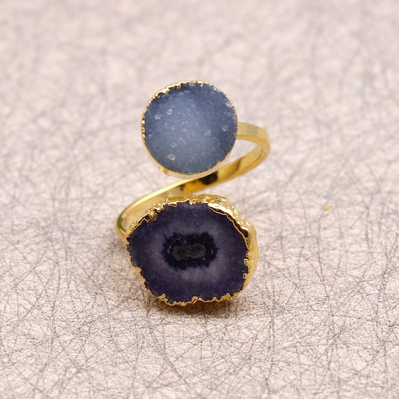 Round Natural Sugar Druzy Multi-Color Stone Gold Electroplated Adjustable Ring