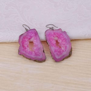 Natural Pink Agate Slice Earrings, Pink Drop & Dangle Earrings, Black Plated Jewelry, Birthday Gift, Earrings For Wife 3580