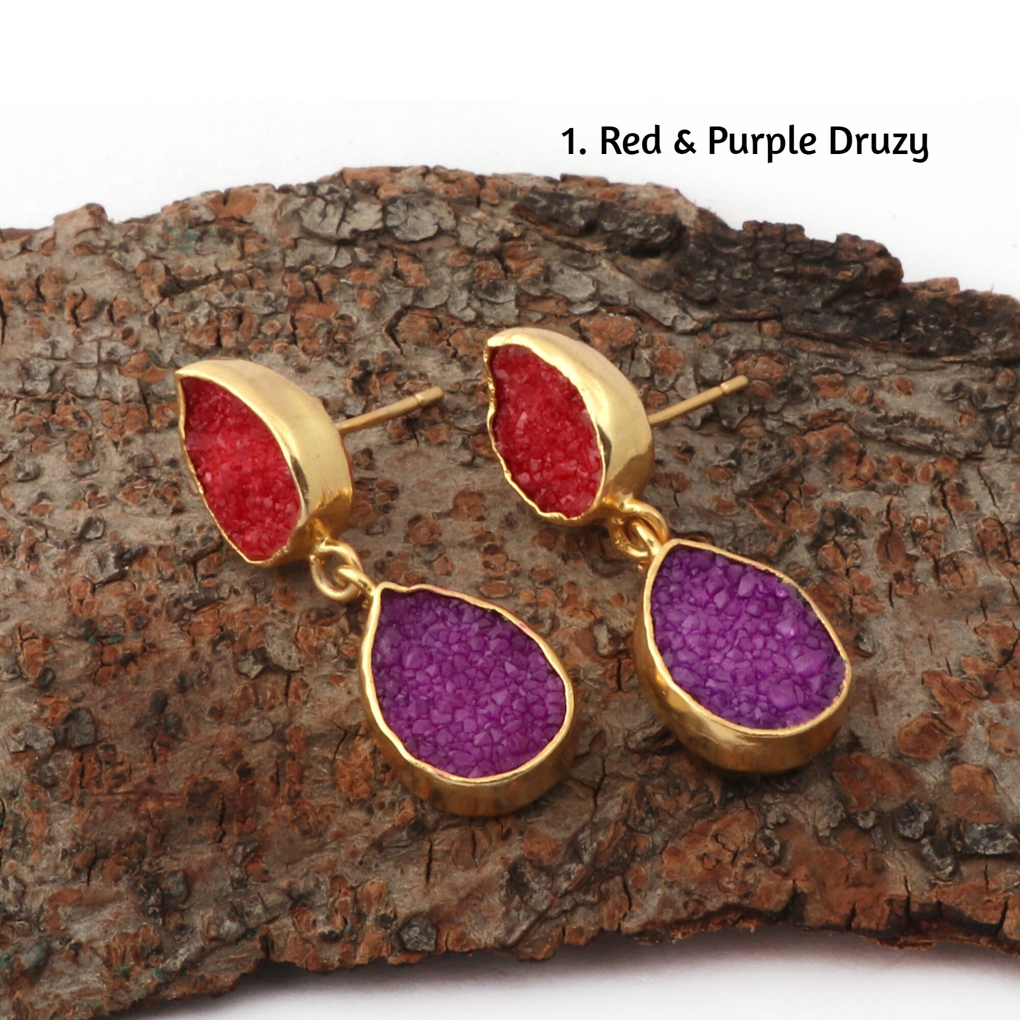 Pear Shape Druzy Earrings, Double Druzy Stud Earrings Pair, Teardrop Druzy Dangle Earrings, Crystal Druzy Earrings, Valentine Gift, EJ-2677