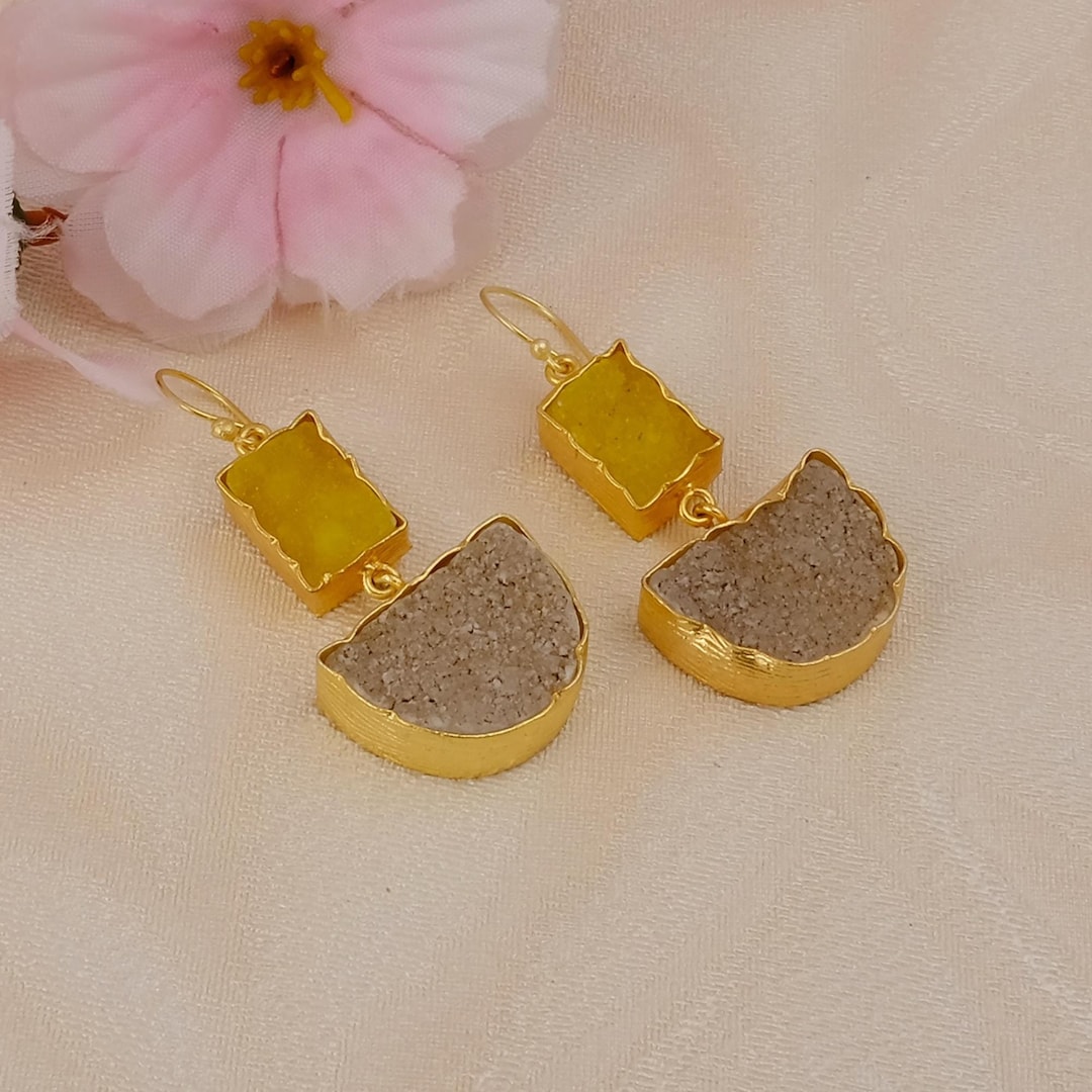 TPSEWXL Gold Plated Yellow Gemstone Dangle Earrings For Women - Boho Statement Earrings For Sensitive Ears - View #11