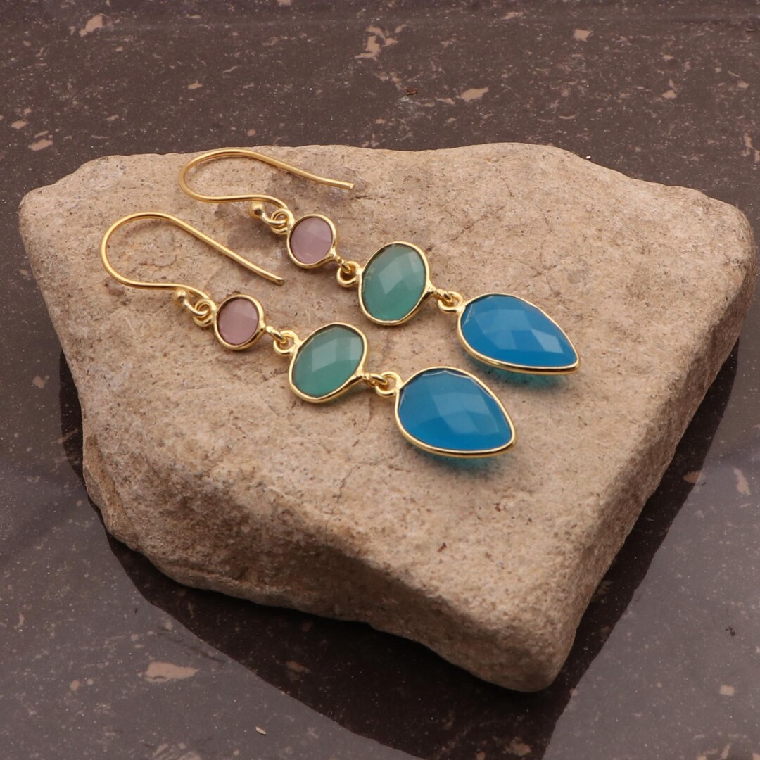 Vintage Real Blue Chalcedony and Pink Quartz Drop Earrings in Sterling Silver sterling silver blue chalcedony topaz vintage dangle  main image 2