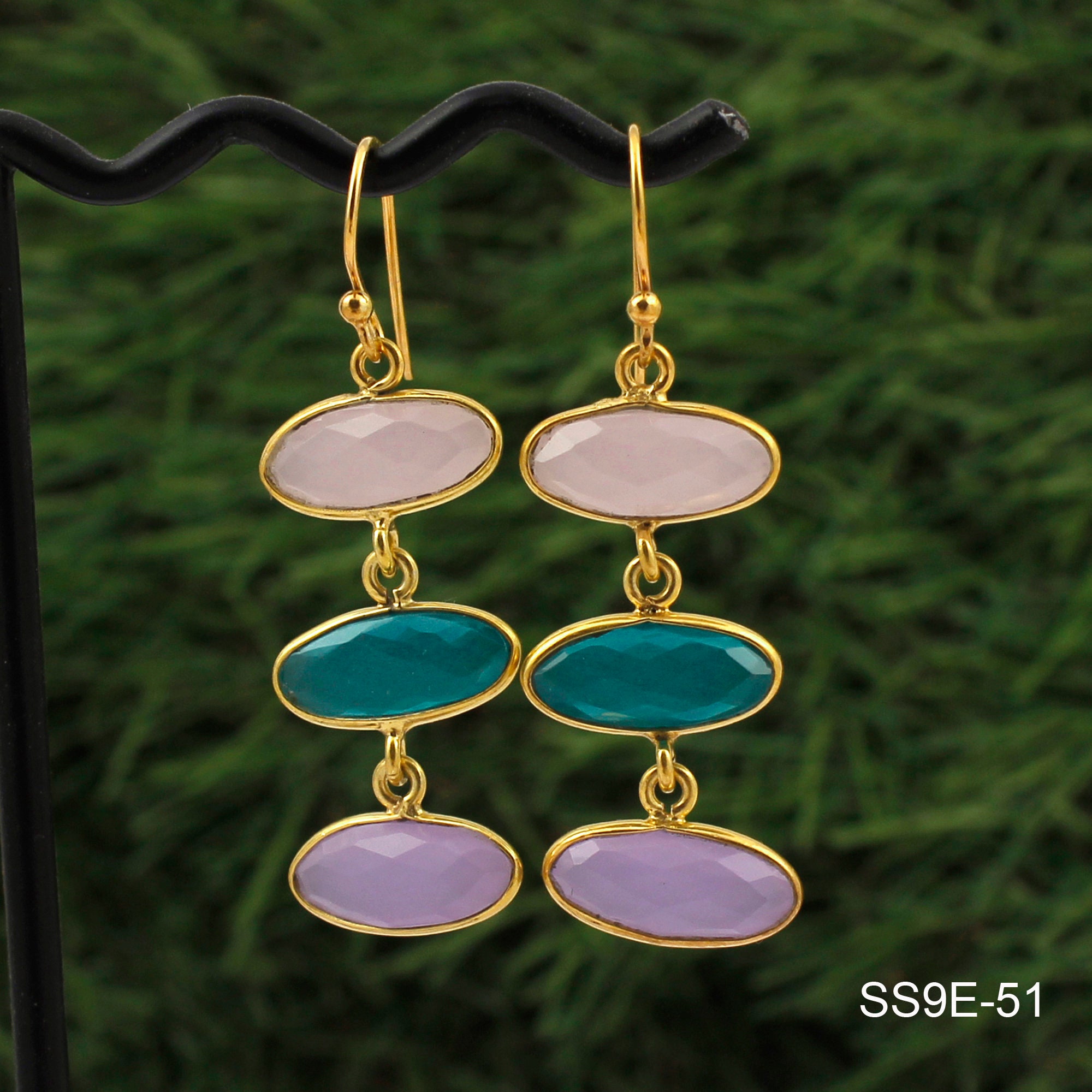 Set Gioielli Boho Chic - Pendente Ovale E Orecchini A Leva In Simulazione Calcedonio Verde Menta, Placcato Oro 14K Su Argento 925