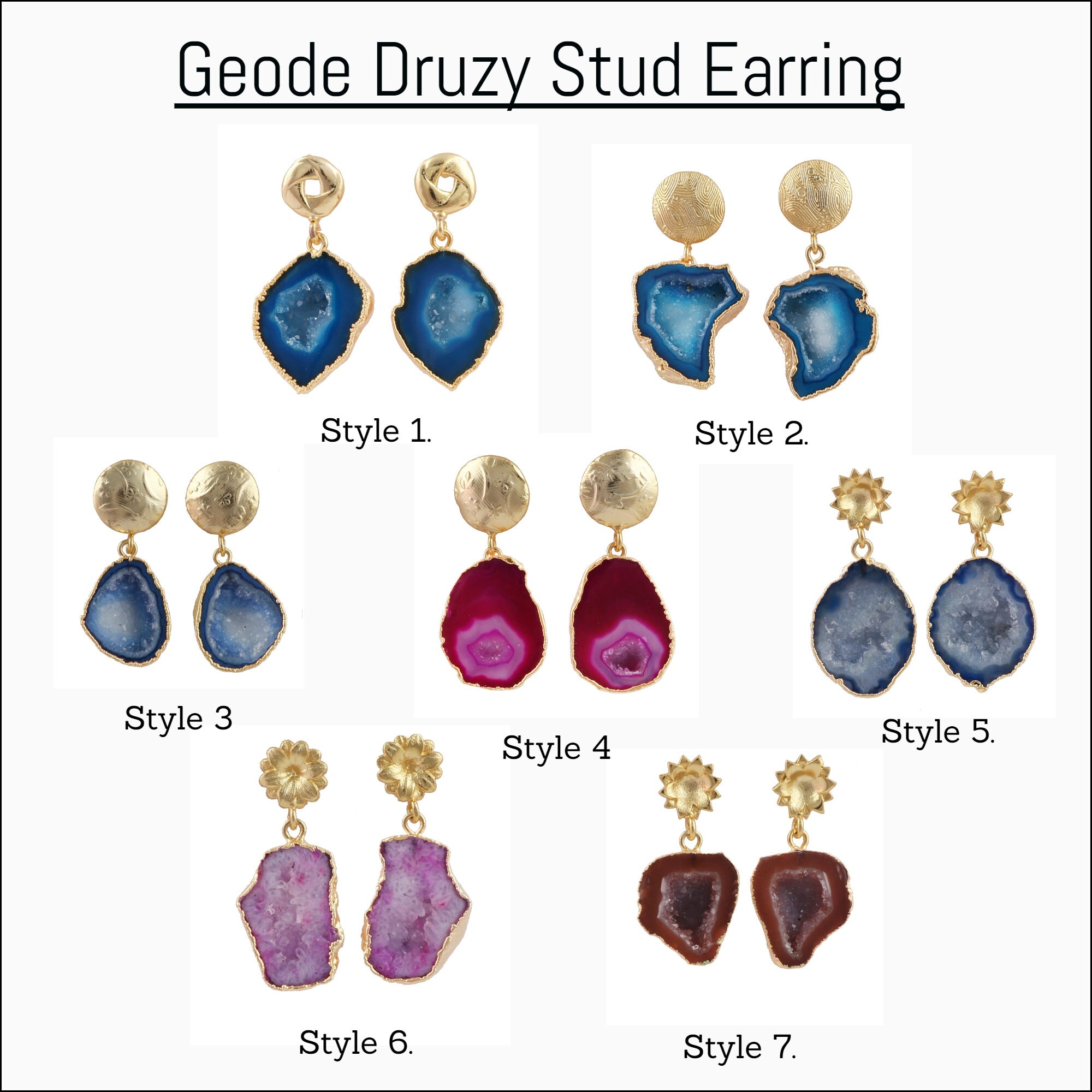Fashion Women Druzy Earrings Natural Agate Geode Gold Plated Small Ear Stud Gift Fashion Women Druzy Earrings Natural Agate Geode Gold Plated Small Ear Stud Gift