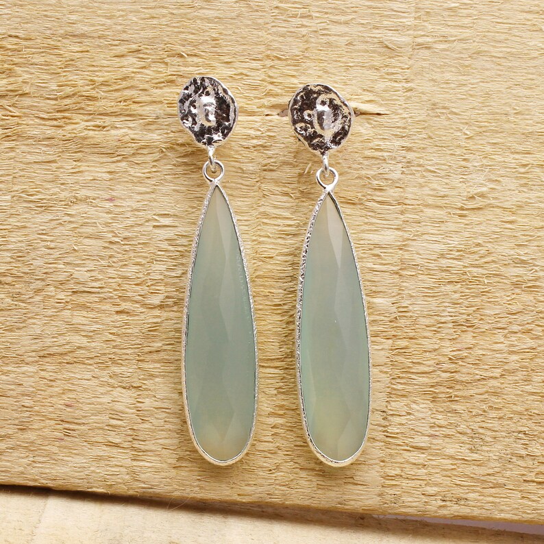 EJ-129 Dainty Earrings Teardrop Gemstone Earrings Women Earrings Handmade Jewelry Rarest Aqua Chalcedony Gemstone Earrings