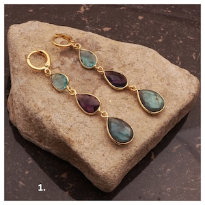 Labradorite Gemstone Earring Chalcedony Gemstone Earrings Gold Plated Teardrop Earrings Bezel set Dangle Hoop Earring Jewelry EJ-1760