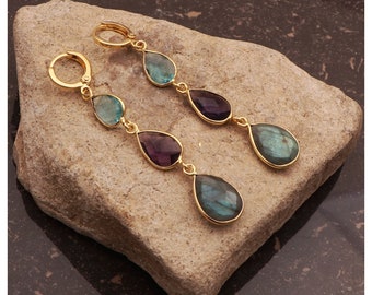 Labradorite Gemstone Earring Chalcedony Gemstone Earrings Gold Plated Teardrop Earrings Bezel set Dangle Hoop Earring Jewelry EJ-1760