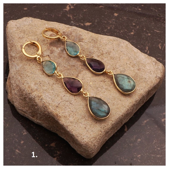 Gold-plated Hoop Earrings with Desert Druzy, Labradorite, and Cut Glass Stones Gold-plated Hoop Earrings with Desert Druzy, Labradorite, and Cut Glass Stones