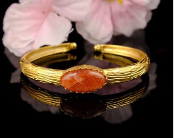 Natural Cabochon Gemstone Bangle, Gold Plated Textured Cuff Bangle, Handmade Adjustable Bangle, Turquoise, Larimar, Sun Stone Bangle EJ-2721