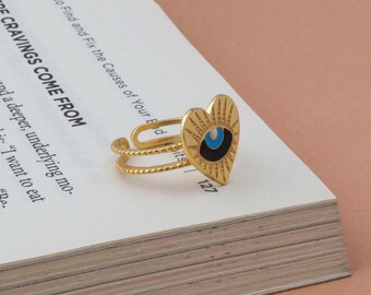 Designer Enamel Evil Eye Heart Adjustable Ring - Pretty Gold Plated Rings - Double Band Statement Rings - Style Enamel Herat Shape Rings