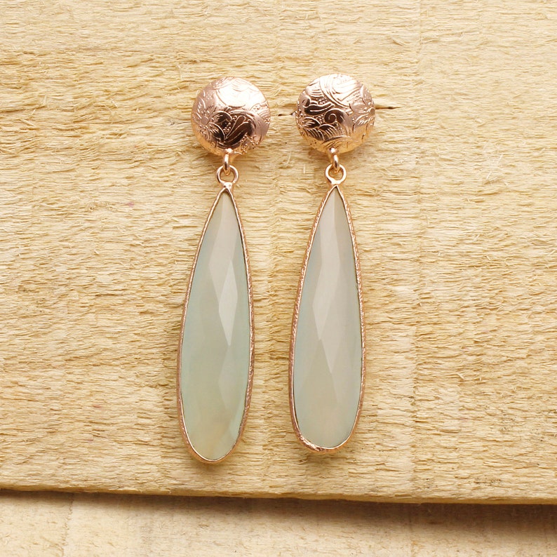 EJ-129 Dainty Earrings Teardrop Gemstone Earrings Women Earrings Handmade Jewelry Rarest Aqua Chalcedony Gemstone Earrings