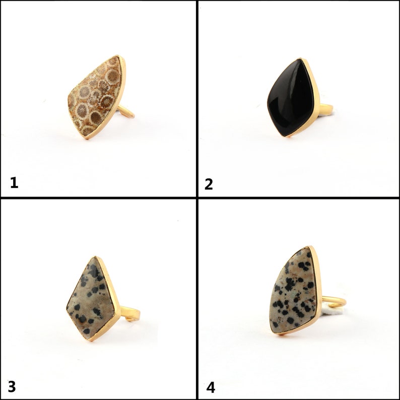 A Grade Picture Jasper Dalmatian Stone Rings Handmade Stone rings Multi Shape Ring Wholesale Price rings Adjustable Rings Gold Plated