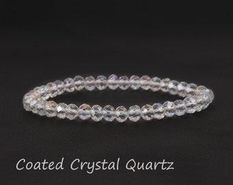 Flashy Multi Coated Crystal Quartz Gemstone Beads, Handmade Clear Quartz Rondelle Stretchy Adjustable Beaded Unisex Bracelets , EJ-2097