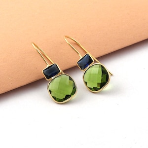 Magnifique péridot, améthyste verte, pierre précieuse de préhnite, bijoux de boucles d&#39;oreilles en plaqué or avec lunette, boucles d&#39;oreilles pendantes à crochet, bijoux faits main EJ-1801