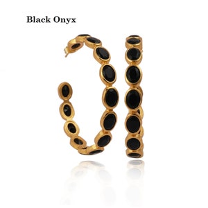 Black Onyx Gemstone Gold Plated Earrings, Large Designer Hoops For Women, Handmade Statement Earrings, Brass Jewelry, Stud Pair, EJ-2474