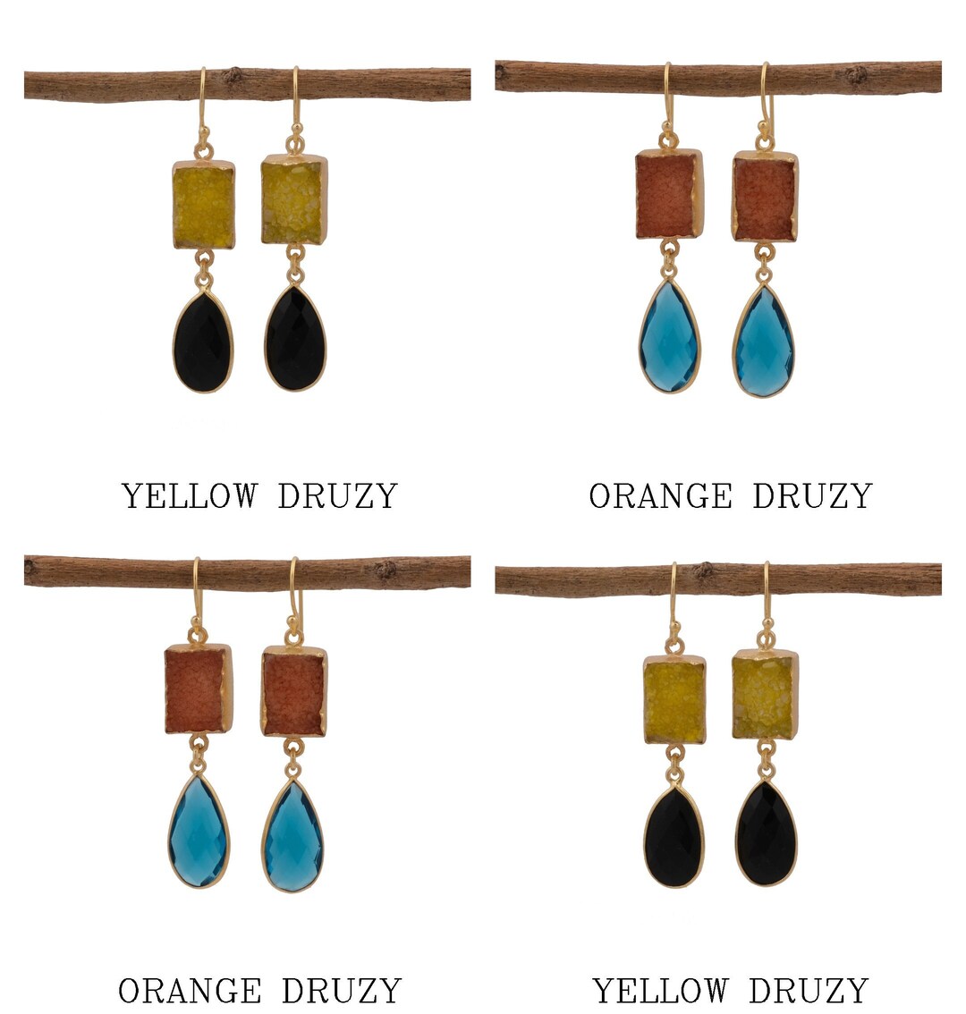 Antique Natural Yellow Druzy Earrings, Yellow Drop & Dangle Earrings