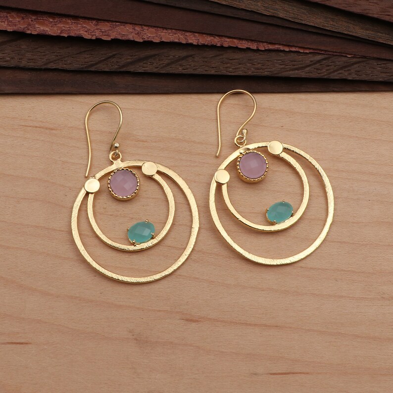 Round Charm Earrings Gold Plated Earring Modern Earring Gift For Her EJ-1321 Emerald Chalcedony Earrings Dangle Drop Earrings