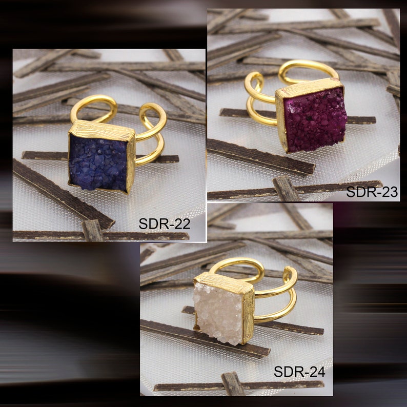 A Best quality Gemstone Rings Gold Plated Rings 14 MM Square Adjustable Ring Jewelry EJ-1082 Handmade Rings Natural Agate Druzy Ring