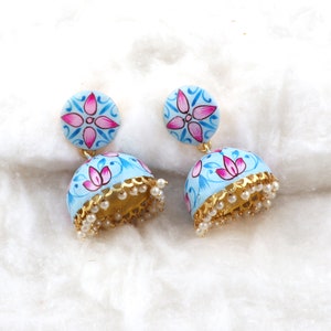 Dangle Drop Stud Beaded Earrings, Wire Wrapped Pearl Beads Jhumka, Meena Work Jhumki Earrings Set, Indian Style Stud Earring Jewelry