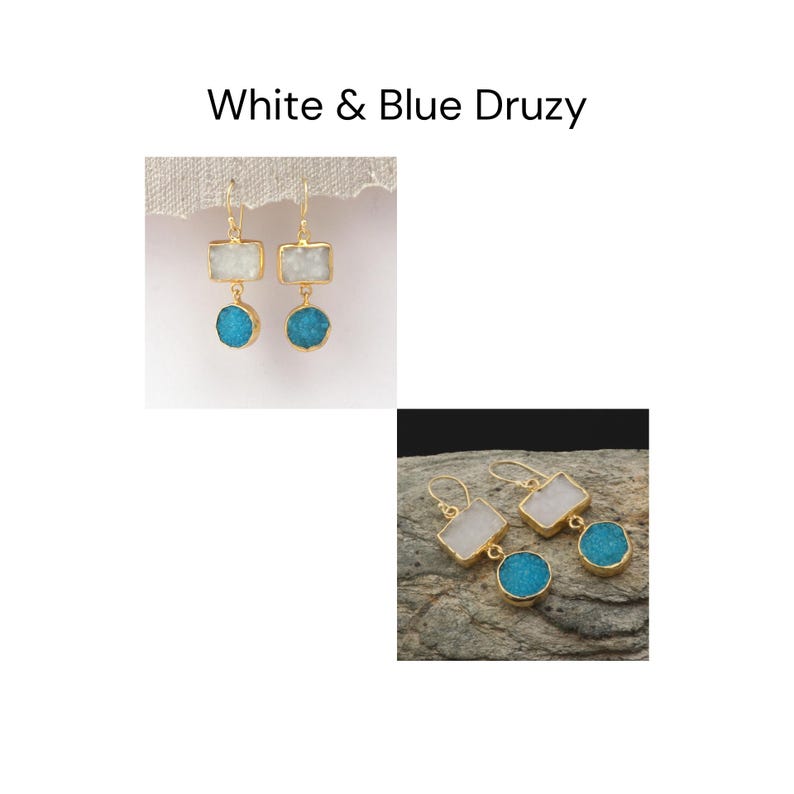 May include: Gold-plated earrings featuring white rectangular and blue round druzy stones. The earrings have a hook fastening. The image includes the text "White & Blue Druzy".