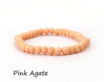 Stretchy Rondelle Cut Pink Agate Gemstone Beaded Bracelet, Elastic Stackable Handmade Bracelets, Pink Opaque Beads Wristband EJ-2097