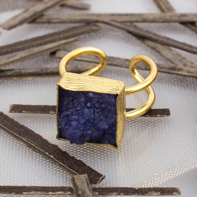 A Best quality Gemstone Rings Gold Plated Rings 14 MM Square Adjustable Ring Jewelry EJ-1082 Handmade Rings Natural Agate Druzy Ring