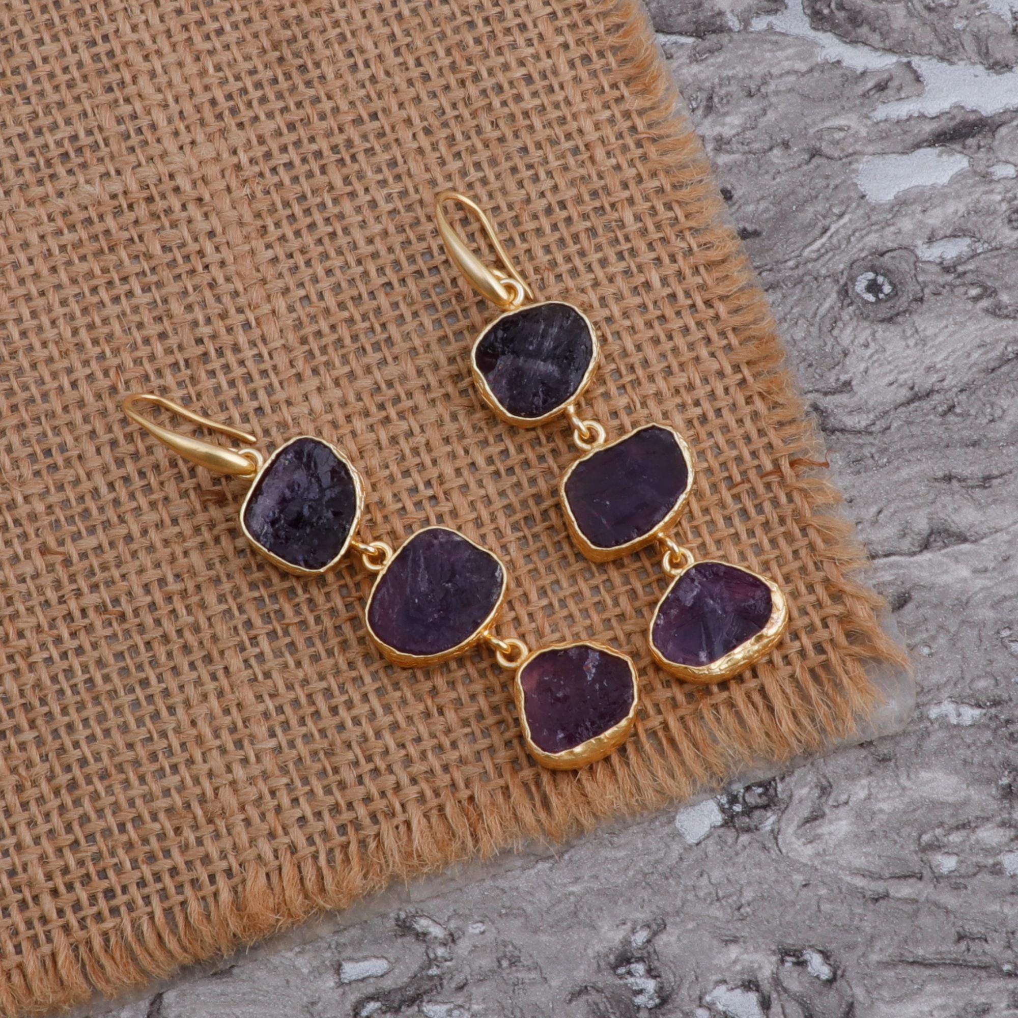 Boucles D'oreilles Pendantes En Améthyste Naturelle Violette - Monture Acier/dormeuses - Neuves Avec étiquettes