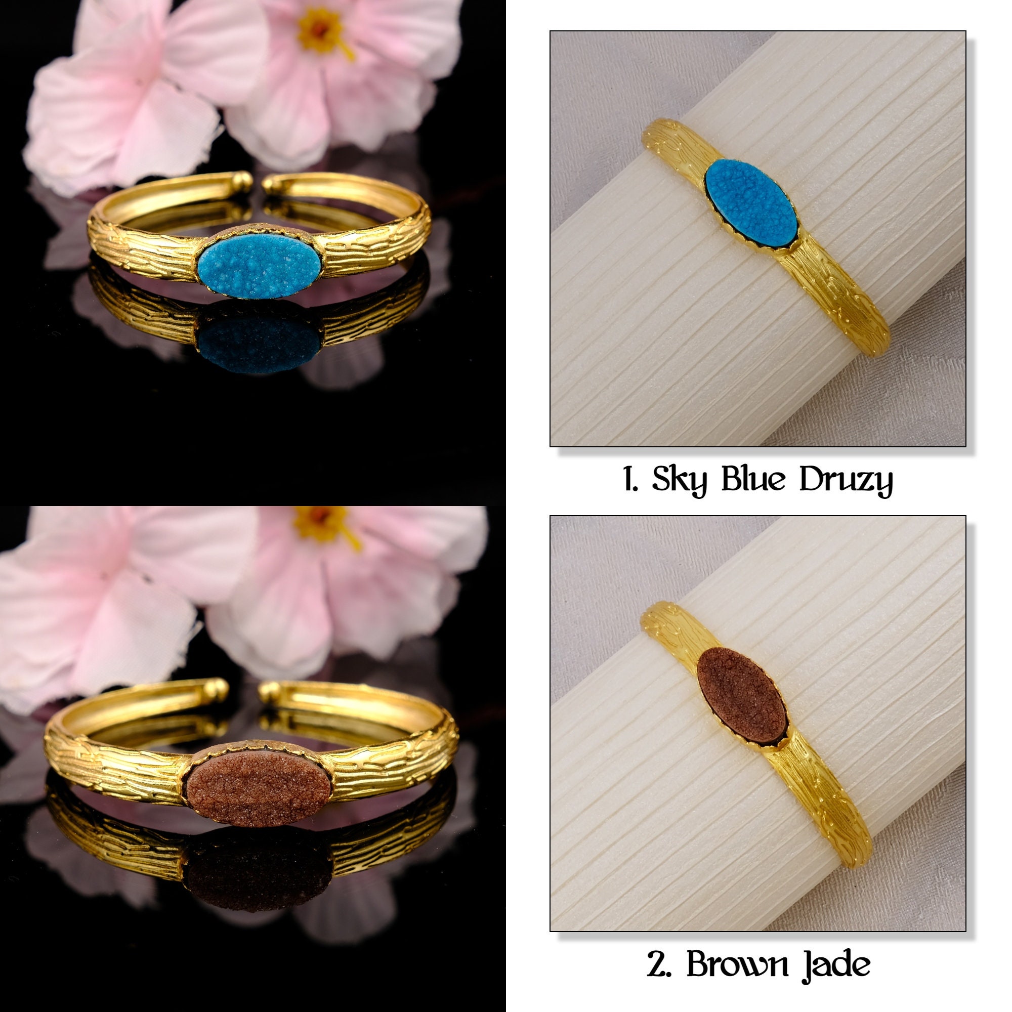 Natürliche Zucker Druzy Armreif, vergoldete minimalistische Armreif, verstellbare Manschette Armreif, Achat Kristall Druzy Edelstein Armreif für Frauen, EJ-2721
