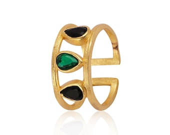 Hermoso anillo chapado en oro, anillo personalizado apilable con gema, anillo ajustable abierto con esmeralda, opalita y calcedonia, regalo EJ-2684