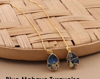 18k Gold Electroplated Threader Earrings, Mohave Multi Turquoise Gemstone Dangle Earring, Mojave Copper Pear Shape Pair Jewelry (EJ-1622)