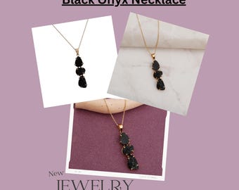 Gold Plated Black Onyx Three Gemstone Pendant Necklace - Prong Set