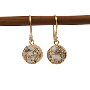 12 MM Round Shape Dangling Earrings, Gold Plated Hook Style Earrings Pair, Multi Color Mohave Copper Turquoise Earrings For Her, EJ-2318