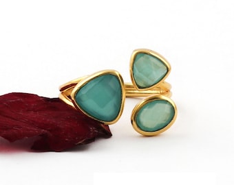 Precious Natural Aqua Chalcedony Ring, Gemstone Ring, Aqua Band Adjustable Ring, Gold Plated Jewelry, Engagement Gift, Ring For Sister 1764