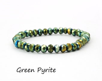 Faceted Rondelle Beaded Coated Green Pyrite Gemstone Bracelets, Handmade Stretchy Stacking Multi Sparkle Beads Bracelet For Gift , EJ-2097