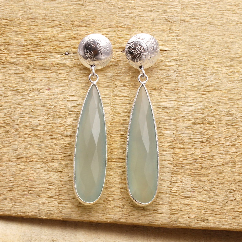 EJ-129 Dainty Earrings Teardrop Gemstone Earrings Women Earrings Handmade Jewelry Rarest Aqua Chalcedony Gemstone Earrings