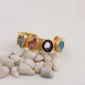 Natural Multi Agate Slice Colorful Gemstone Bracelets - Gold Plated Solid Band Fashionable Bangles - Multi Gemstone Adjustable Cuff (4018)
