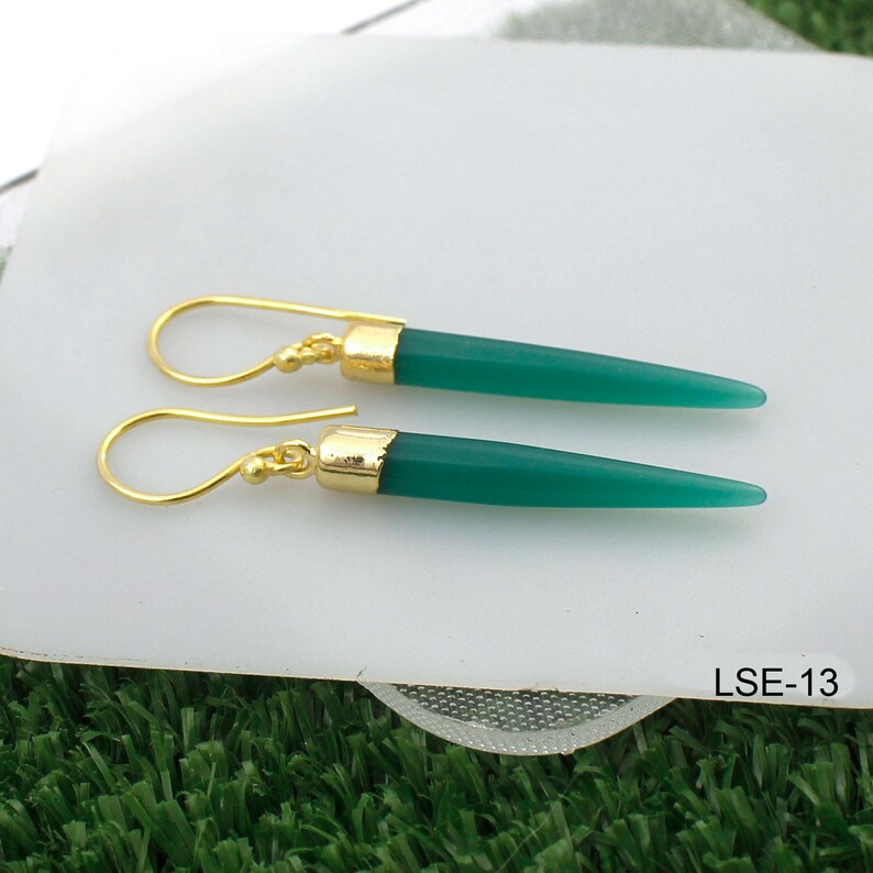 Green Onyx Gemstone Earring Handmade Gold Plated Jewelry LSE-12 Dangling Earrings Dangle Spike Earring