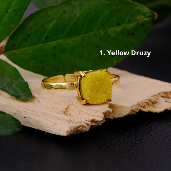 Cushion Shape Sugar Druzy Ring, Gold Plated Prong Set Adjustable Ring, Handmade Statement Ring, Natural Agate Druzy Crystal Ring, EJ-2770