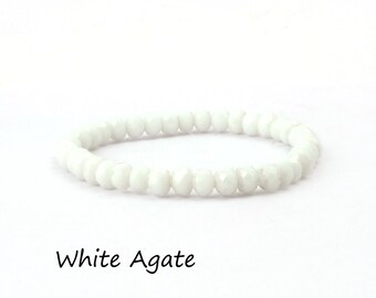 Rondelle Cut White Agate Beaded Bracelet, Stack Elastic Stretchy Adjustable Bracelets, White Beads Wristband For Women Boho Jewelry, EJ-2097