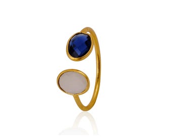 Oval Shape Multi Gemstone Ring, Gold Plated Adjustable Ring, Double Stone Ring, Moonstone, Chalcedony, Amethyst, Citrine Ring Gift, EJ-2773